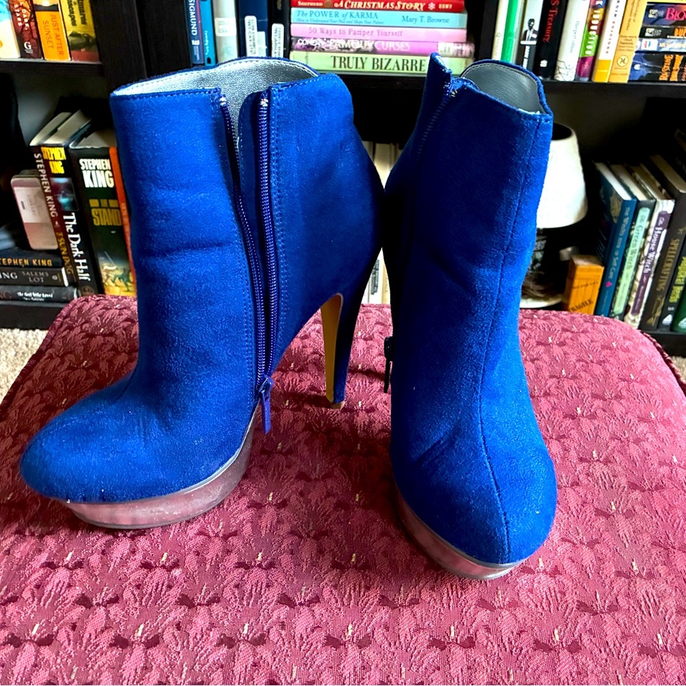 Blue faux suede silver accent heeled booties
